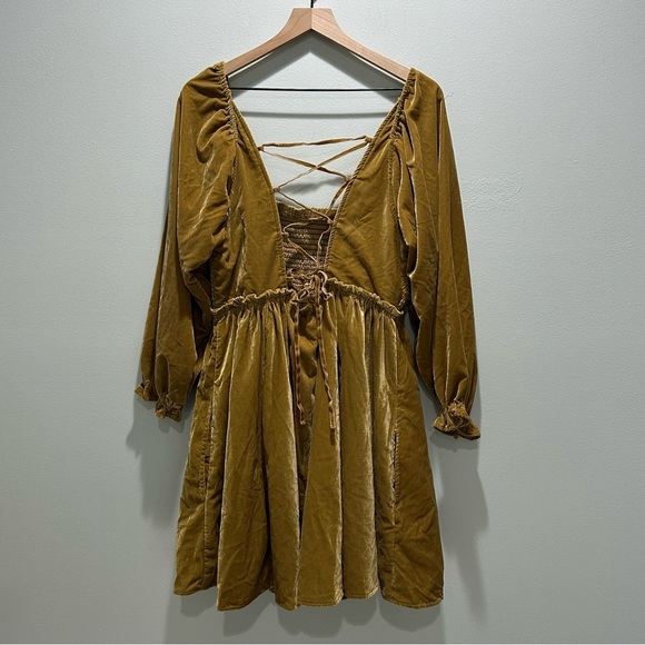 Free People Daphne Velvet Mustard Yellow Mini Dress - Picture 8 of 8